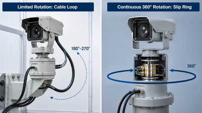 Comparison of limited camera rotation with cable loop and continuous 360℃rotation with a slip ring Comparison of limited camera rotation with cable loop and continuous 360℃rotation with a slip ring
