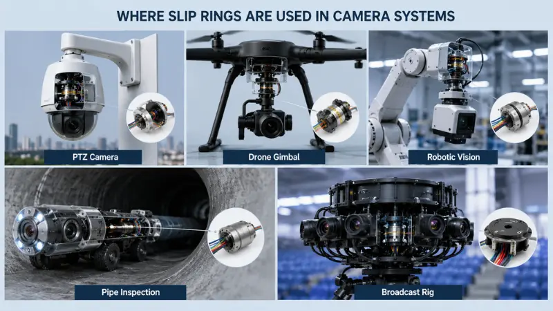 Common camera applications using slip rings including PTZ cameras drone gimbals robotic vision and pipe inspection systems Common camera applications using slip rings including PTZ cameras drone gimbals robotic vision and pipe inspection systems