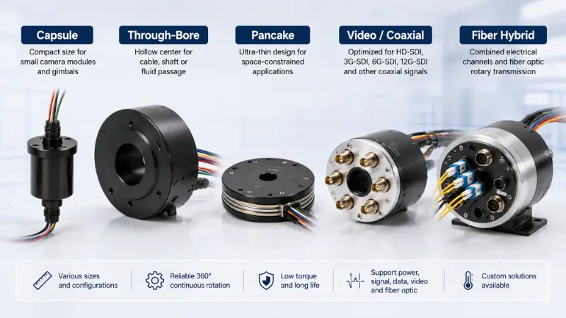Comparison of capsule through-bore pancake video coaxial and fiber hybrid slip rings for camera systems Comparison of capsule through-bore pancake video coaxial and fiber hybrid slip rings for camera systems