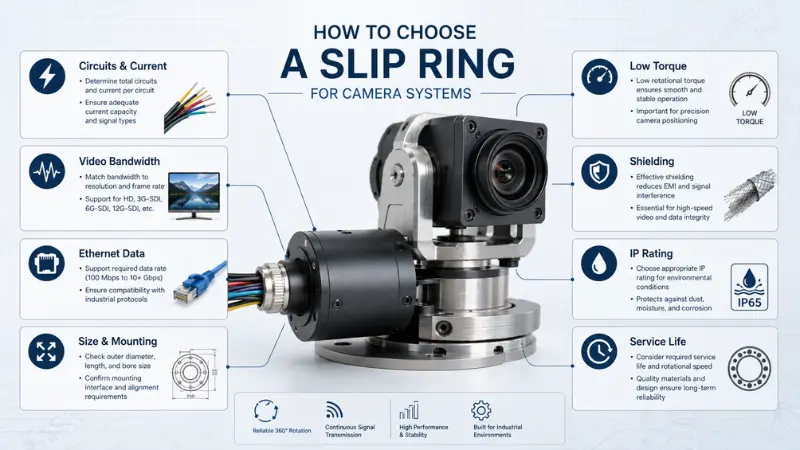 Key factors for choosing a camera slip ring including current bandwidth size torque shielding IP rating and service life Key factors for choosing a camera slip ring including current bandwidth size torque shielding IP rating and service life
